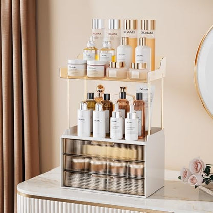 Delamu 5-Tier Makeup Organizer, Bathroom Counter Storage, 3 Drawers, Amber