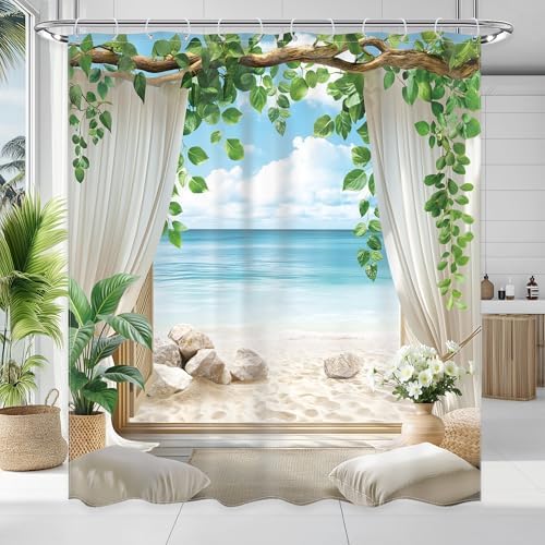 Ocean Coastal Blue Sea Beach Beachy Tropical Bathroom Shower Curtain Set