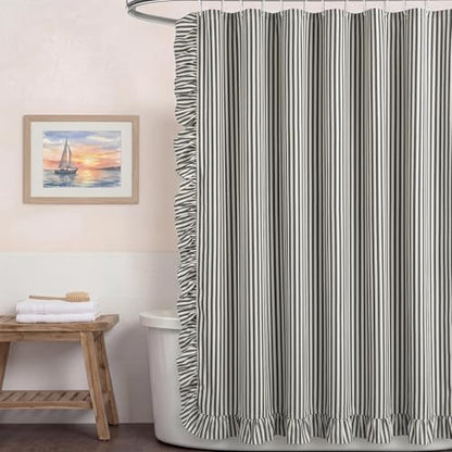 HunnmingRe Black and White Striped Shower Curtain with Ruffled 72 x 72 Inch Farmhouse Faux Linen Vintage Rustic Boho Stripe Shower Curtain with 12 Hooks for Bathroom Bathtubs Natural Decor