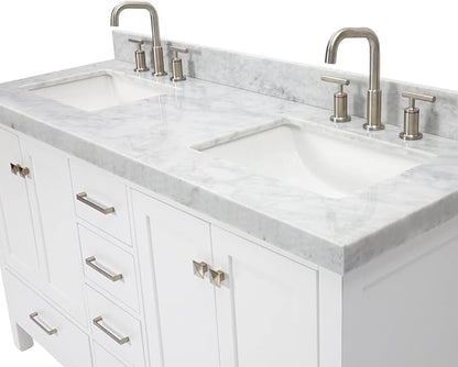 ARIEL Cambridge 60-inch Bathroom Vanity with Sink,Solid Wood, 2-inch Italian Carrara Marble Countertop, Double Rectangular Porcelain Sink, 2 Soft Closing Doors, 6 Dovetail Drawers, White