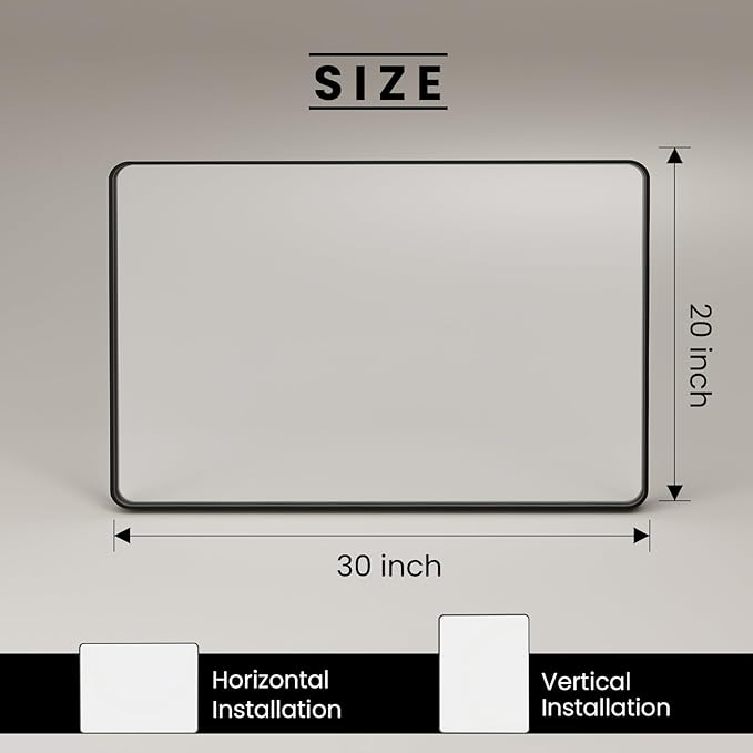 Black Bathroom Mirror, 20x30 Inch Rounded Rectangle Matte Framed Wall Mounted Mirror, Bathroom Vanity Mirror, Tempered Glass, Anti-Rust, Horizontal/Vertical