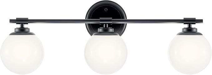 Kichler Benno 3-Light Vanity, Modern Light with Opal Glass in Black, for Bathroom or Powder Room (8.75" x 24.5"), 55172BK