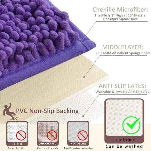 Bathroom Rugs Sets 3 Piece Non Slip,Bath Rugs with PVC Backing Bath Carpet,Bathroom Rug Washable,Absorbent,Plush Carpet Mats,Bath Mats for Bedroom, Kitchen,Tub,Home Decor (Purple)
