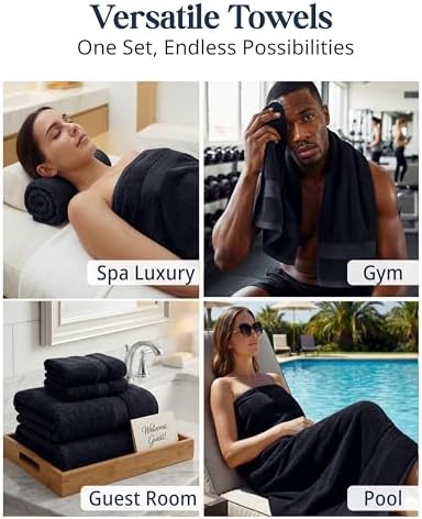 LANE LINEN Bath Towel Set Quick Dry 100% Cotton 24 Piece Soft - Black