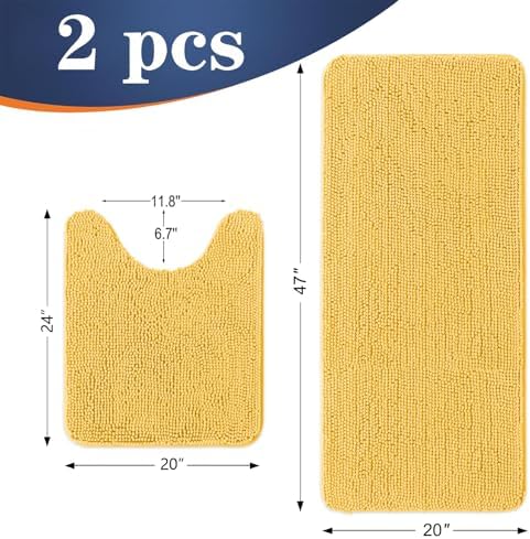 OLANLY Chenille Bathroom Rugs Mats Sets 2 Piece, 47"x20"+24"x20", Yellow