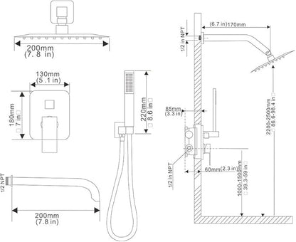 Chrome Shower System Bathroom Shower Faucet Set with Tub Spout Wall Mounted 8 Inch Shower Head and Handle Set with Handheld 3 Function Tub and Shower Trim Kit with Rough-in Valve