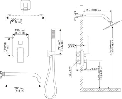 Brushed Nickel Shower System Bathroom Shower Faucet Set with Tub Spout Wall Mounted 8 Inch Shower Head and Handle Set with Handheld 3 Function Tub and Shower Trim Kit with Valve