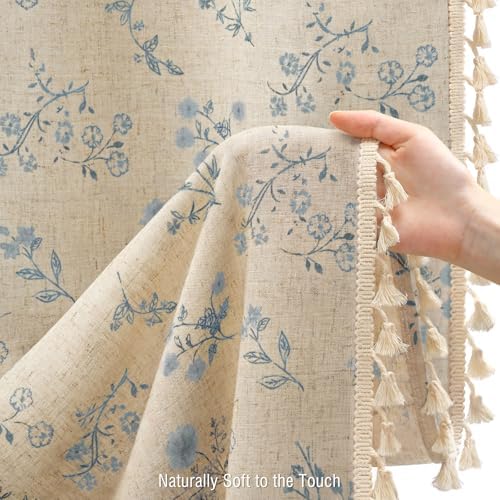 Blue Floral Farmhouse Vintage Linen Shower Curtain with Tassel 72Wx72H