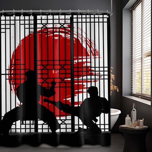 Japanese Shower Curtain Japan Anime Asian Black and Red Shower Curtains for Mens Bathroom Decor Sets, Waterproof Cloth Fabric with Hooks, 48 x 72 Inch