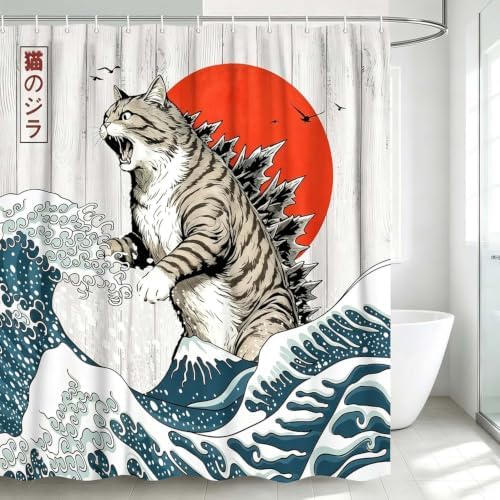 JAWO Funny Cat Shower Curtain, Japanese Wave Cat Monster Fabric Shower Curtain, Kanagawa Wave Retro Japanese Art Bathroom Curtain with Hooks, Water-Resistant Anime Cat Themed Bath Curtain, 72X72inch
