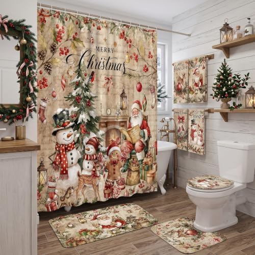 FuWeave 8 Pcs Vintage Christmas Shower Curtain Set for Bathroom Decor Include Santa Snowman Reindeer Gingerbread Shower Curtain Towels Non Slip Rugs Toilet Lid Cover Bath Mat and 12 Hooks