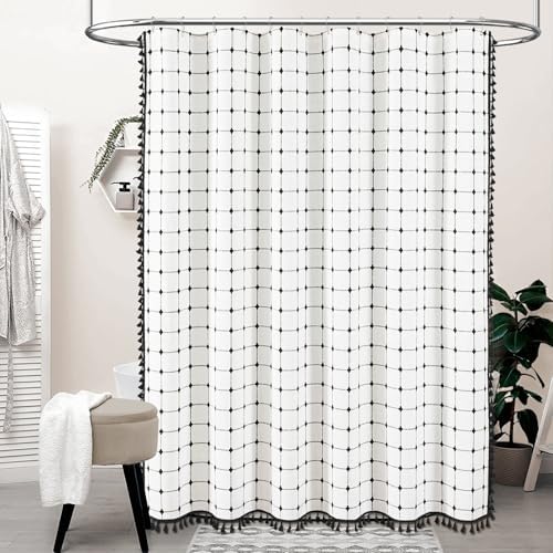 BTTN 54x78 Boho Farmhouse Linen Heavy Duty Shower Curtain, White and Black
