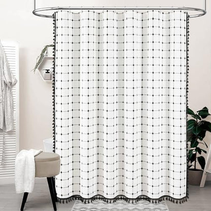 BTTN Long Boho Farmhouse Linen Cloth Shower Curtain, 72x84, White and Black