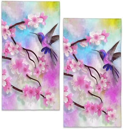 Bath Hand Towel 2 Pack Cherry Blossom Absorbent Hand Towels Hummingbird Spring Face Towel Soft Breathable Bathroom Towel for Kitchen Hotel Spa Decor Gift 28 x14 in