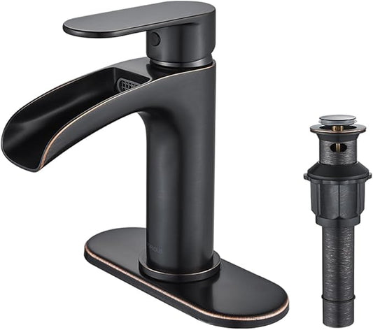 FORIOUS Oil Rubbed Bronze Bathroom Faucet Single Hole, Single Handle Waterfall Bathroom Sink Faucet 1 or 3 Hole with Metal Pop Up Drain and Hose for Vanity RV Restroom