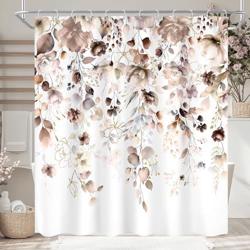 Brown Floral Autumn Fall Tan Watercolor Bathroom Shower Curtain Set