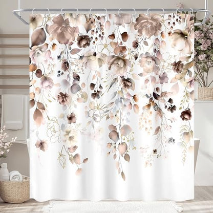 Brown Floral Autumn Fall Tan Watercolor Bathroom Shower Curtain Set