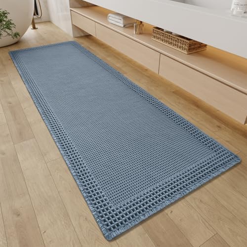 RESARE Waffle Bathroom Runner Rugs, Non Slip Boho Bath Mat 24"x72" Blue