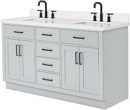 ARIEL Hepburn 60-inch Bathroom Vanity with Sink,Solid Wood, 1.5-inch Pure White Quartz Countertop & Backsplash, Double Rectangular Porcelain Sink, 4 Soft Closing Doors, 6 Dovetail Drawers, Grey