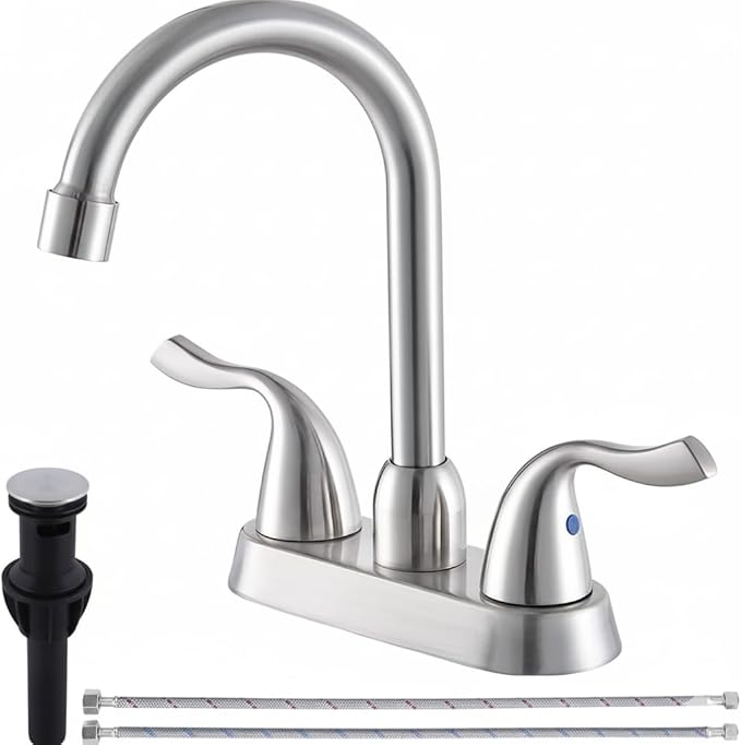 Brushed Nickel Bathroom Sink Faucet, 2 Handle 4 Inch Centerset Bathroom Faucet, 3 Hole Small Bathroom Sink Faucet with Supply Lines and Pop-up Drain, RV faucets for Camper Lavatory Vanity