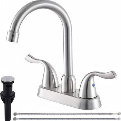 Brushed Nickel Bathroom Sink Faucet, 2 Handle 4 Inch Centerset Bathroom Faucet, 3 Hole Small Bathroom Sink Faucet with Supply Lines and Pop-up Drain, RV faucets for Camper Lavatory Vanity