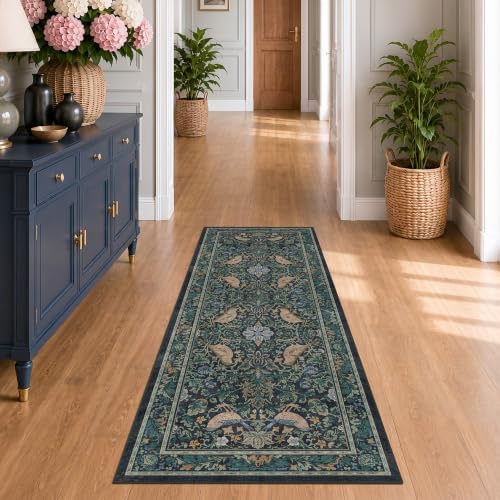 Botanical Bird 2x6 Entryway Rugs Indoor, Machine Washable Runner Rugs for Hallway, Blue and Teal Non Slip Mat for Bathroom, Bedroom Beside Bed, Kitchen, Stain Resistant Forest Green Décor