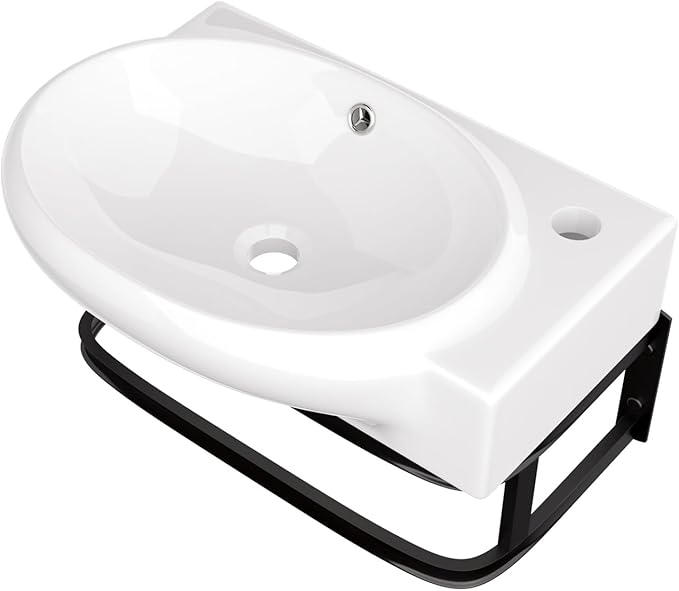 Logmey Wall Mount Bathroom Sink 16-1/2"x11" Floating Sink White Porcelain Ceramic Wall Hung Vessel Sink Wash Hand Basin with Bracket