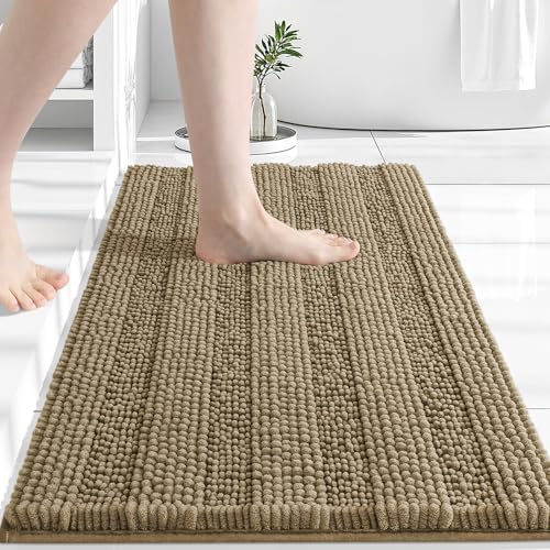 Grandaily Chenille Striped Bathroom Rugs 30x20, Extra Thick and Absorbent Bath Mats, Non-Slip Soft Plush Shaggy Shower Carpet, Machine Wash Dry, Bath Rug for Bathroom, (Medium, Tan)