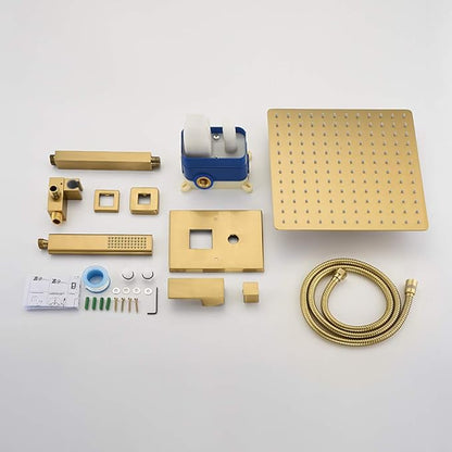 Iriber Brushed Gold Ceiling Mount Rain Shower System with 12 Inch Shower Head and Handheld Bathroom Golden Shower Set Contain Shower Faucet Mixer Trim Kit (Valve Cartridge Included)