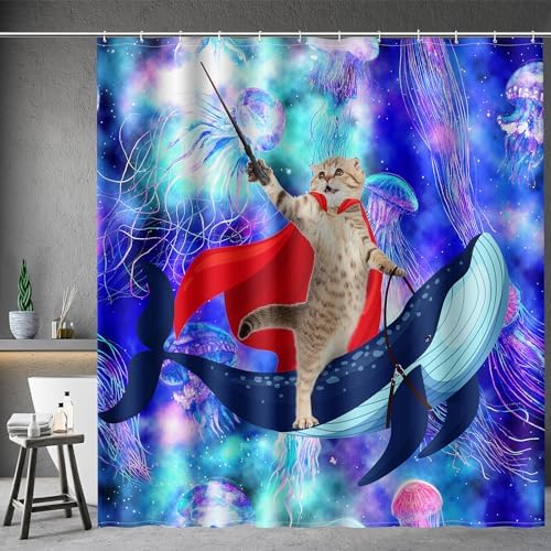 Aimego Long Funny Shower Curtain - Cute Cat Riding Whale on Space Galaxy Fantasy Jellyfish Fabric Cloth Shower Curtain Set with 12 Hooks for Kids Bathroom Decor Accessories Bathtub Curtain, 72"x78"