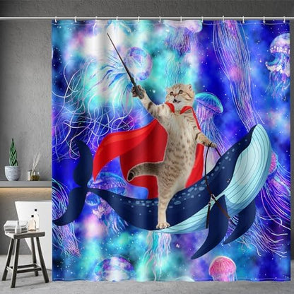Aimego Long Funny Shower Curtain - Cute Cat Riding Whale on Space Galaxy Fantasy Jellyfish Fabric Cloth Shower Curtain Set with 12 Hooks for Kids Bathroom Decor Accessories Bathtub Curtain, 72"x78"