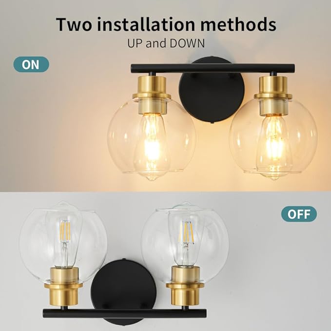 2-Light Bathroom Light Fixtures Black and Gold Vanity Light 13.8 inch Bathroom Lights Over Mirror with Clear Glass Globe Shade, Vanity Lights for Bathroom Kitchen Living Room