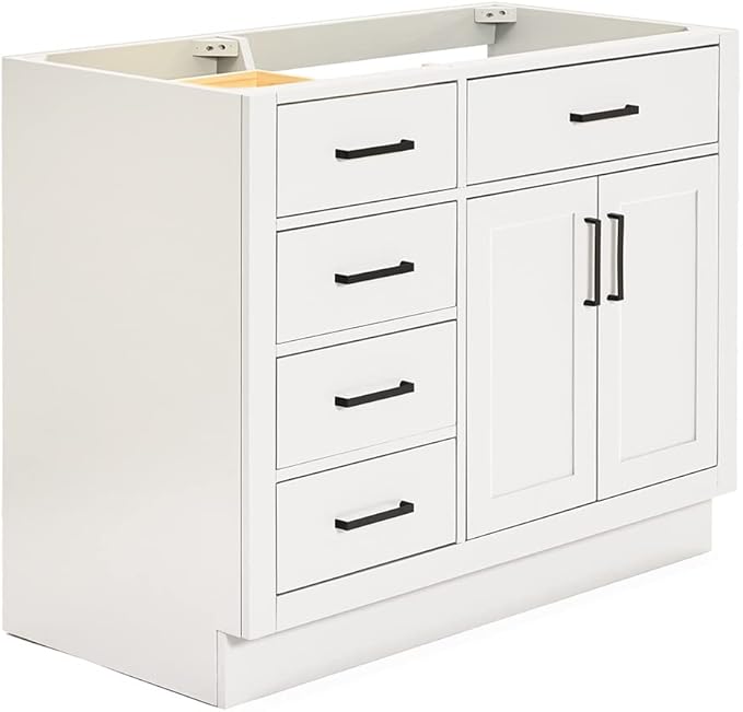 ARIEL Hepburn 42-inch Bathroom Vanity Base Cabinet,Solid Wood, 2 Soft Closing Doors, 5 Dovetail Drawers, White