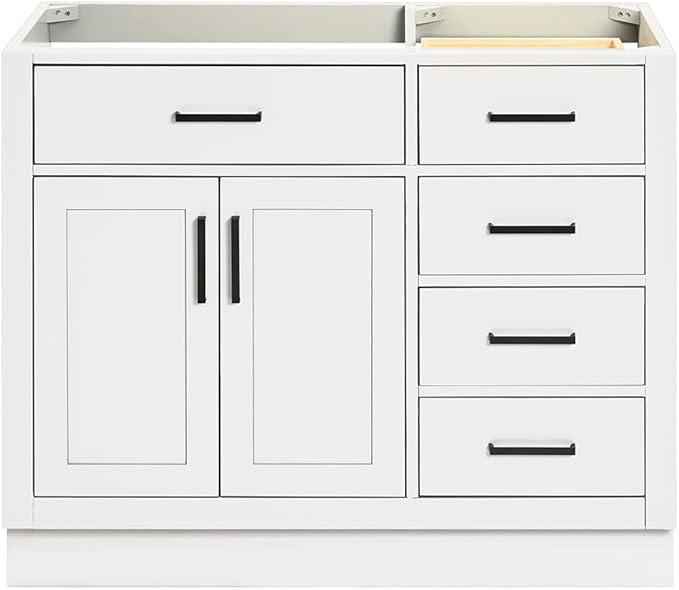 ARIEL Hepburn 42-inch Bathroom Vanity Base Cabinet,Solid Wood, 2 Soft Closing Doors, 5 Dovetail Drawers, White