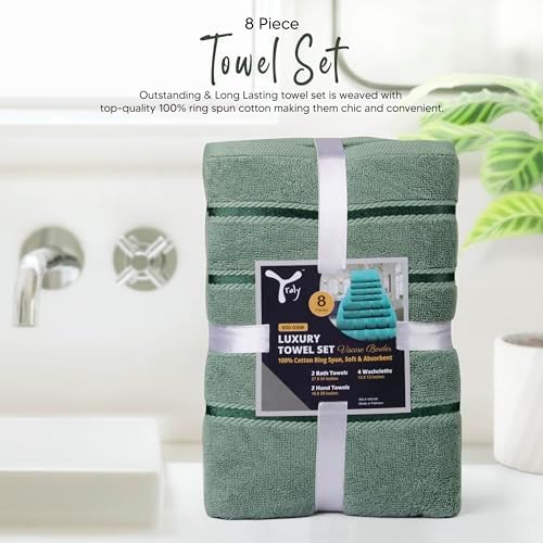 Luxury Towels for Bathroom Set of 8-2 Bath Towels 2 Hand Towels 4 Washcloths - 600 GSM 100% Cotton Ring Spun Viscose Border Towels Set - Sage Green