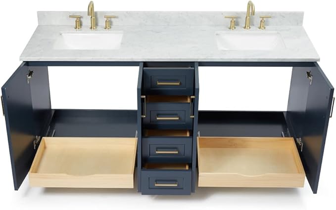 ARIEL Taylor 72-inch Bathroom Vanity with Sink,Solid Wood, 0.75-inch Italian Carrara Marble Countertop, Double Rectangular Porcelain Sink, 4 Soft Closing Doors, 6 Dovetail Drawers, Midnight Blue