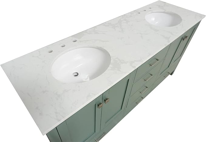 Horizon 72-inch Double Bathroom Vanity (Engineered Carrara/Sage Green): Includes Sage Green Cabinet with Engineered Carrara Countertop and White Ceramic Sinks