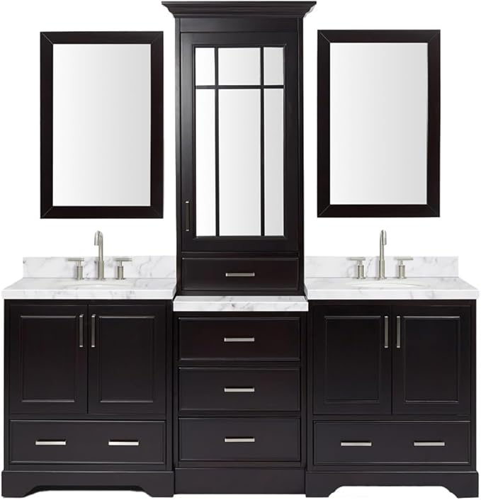ARIEL Stafford 84-inch Bathroom Vanity with Sink,Solid Wood, 1.5-inch Italian Carrara Marble Countertop & Backsplash, Double Oval Porcelain Sink, 5 Soft Closing Doors, 6 Dovetail Drawers, Espresso