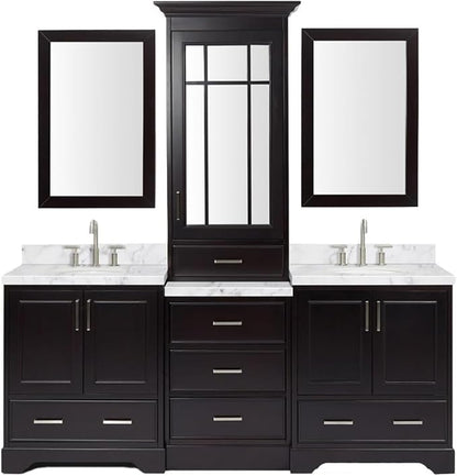 ARIEL Stafford 84-inch Bathroom Vanity with Sink,Solid Wood, 1.5-inch Italian Carrara Marble Countertop & Backsplash, Double Oval Porcelain Sink, 5 Soft Closing Doors, 6 Dovetail Drawers, Espresso