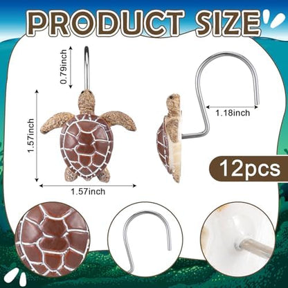 Amyhill 12 Pcs Shower Curtain Hooks Decorative Shower Curtain Rings Stainless Steel Resin Sea Theme Bathroom Decor Suitable for Home Bedroom(Sea Turtle)