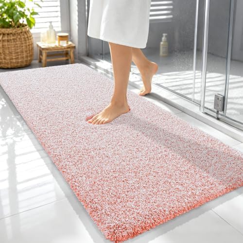 OLANLY Microfiber Bathroom Rugs 59x24, Quick Dry Bath Mat, Coral and White
