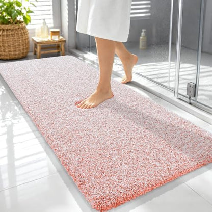 OLANLY Microfiber Bathroom Rugs 59x24, Quick Dry Bath Mat, Coral and White