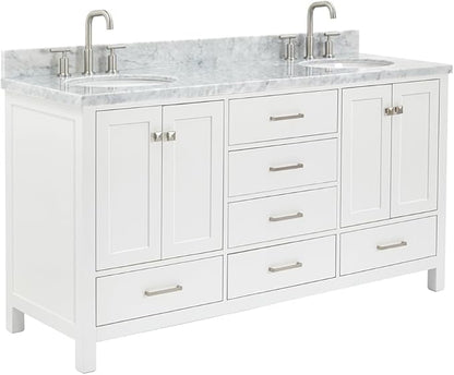 ARIEL Cambridge 66-inch Bathroom Vanity with Sink,Solid Wood, 1.5-inch Italian Carrara Marble Countertop & Backsplash, Double Oval Porcelain Sink, 4 Soft Closing Doors, 6 Dovetail Drawers, White