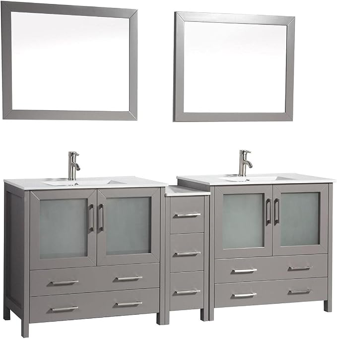Vanity Art 84 Inch Under Mount Double Sink Bathroom Vanity Cabinet with 2 Mirrors, Ceramic Top Bathroom Cabinet Compact Set with 7 Dovetail Storage Drawers and Brushed Nickel Handles, VA3036-84-G