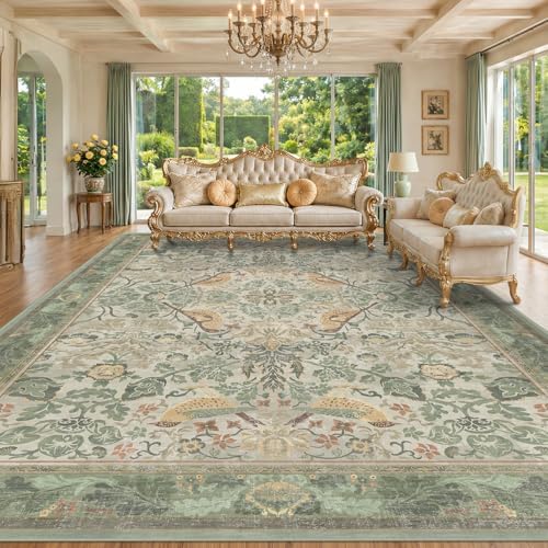 Floral Washable Large Rugs for Bedroom 10x14 - Sage Green Soft Area Rug for Dining Room Under Kitchen Table, Living Room, Playroom, Folable Non Skid Low Pile Indoor Carpet