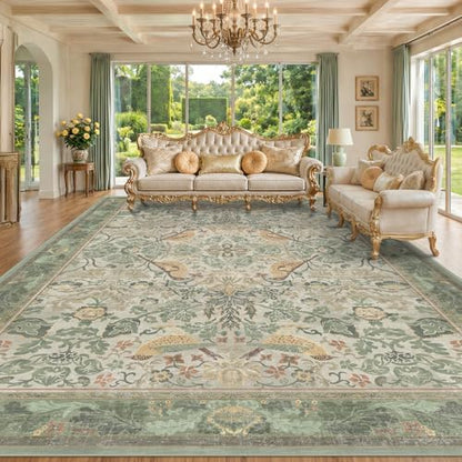 Floral Washable Large Rugs for Bedroom 10x14 - Sage Green Soft Area Rug for Dining Room Under Kitchen Table, Living Room, Playroom, Folable Non Skid Low Pile Indoor Carpet