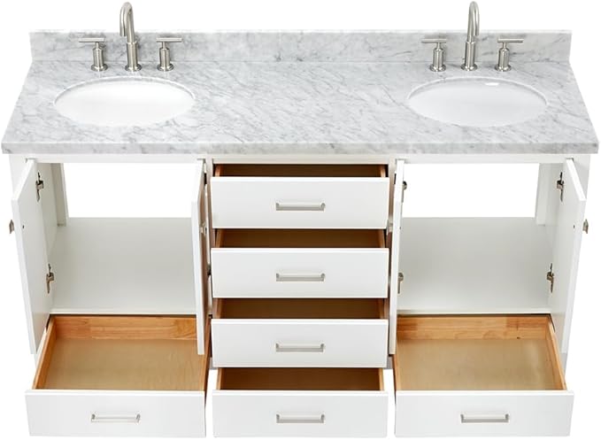 ARIEL Cambridge 66-inch Bathroom Vanity with Sink,Solid Wood, 1.5-inch Italian Carrara Marble Countertop & Backsplash, Double Oval Porcelain Sink, 4 Soft Closing Doors, 6 Dovetail Drawers, White