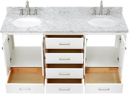 ARIEL Cambridge 66-inch Bathroom Vanity with Sink,Solid Wood, 1.5-inch Italian Carrara Marble Countertop & Backsplash, Double Oval Porcelain Sink, 4 Soft Closing Doors, 6 Dovetail Drawers, White