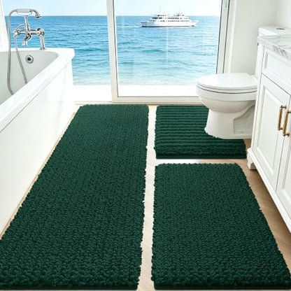 ACCUMTEK Upgrade Extra Large Deep Green Bathroom Rug Set 3 Pieces Ultra Soft, Thick Absorbent Bath Mats, Non Slip Chenille Toilet Mat for Bathroom, Bedroom, Kitchen