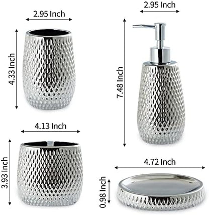 Silver Bathroom Accessory Set 4 Piece Ceramic Bath Accessories Sets Complete, Rain- Drop Shaped Bathroom Essential with Toothbrush Holder & Dish, Tumbler, Soap Dispenser Set for Bath Decor